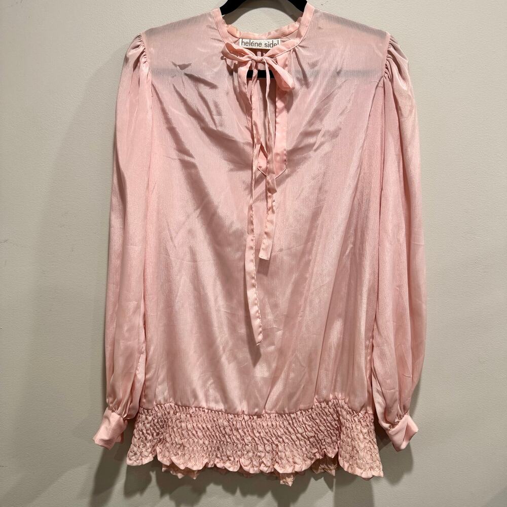 Vintage Helene Sidel Pink Tie Neck Blouse Smocked Ruffle Hem Size 8